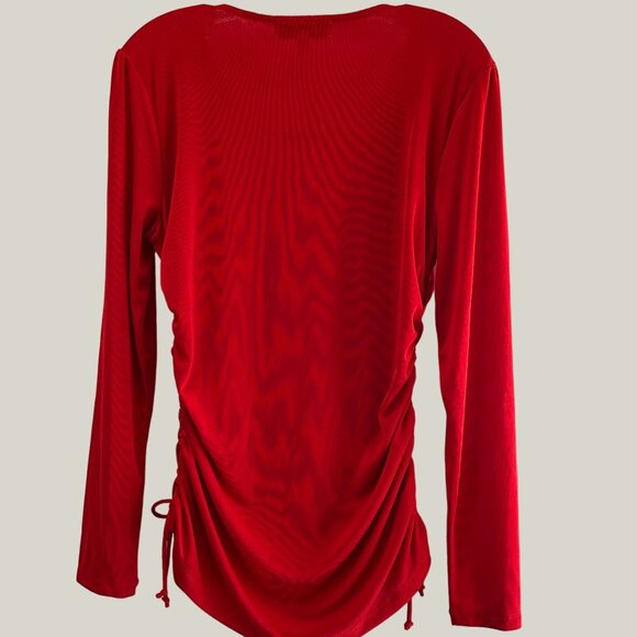 Fever Red Velvet Large Ruched Top  Long Sleeve Chain Keyhole Club Party Shirt - Picture 8 of 9